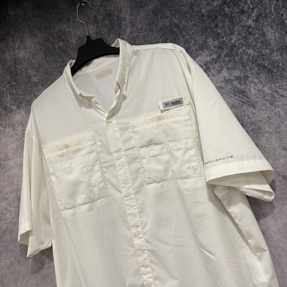 Columbia PFG Fishing Shirt Mens XL White Short Sleeve Vented Omni Shade
